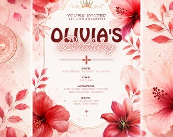 Red Floral Birthday Invitation Template, Elegant Watercolor Flowers, Canva Editable (Instant Download)