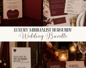 Luxury Burgundy Wedding Bundle, Minimalist Wedding Stationery, Wedding Signs, Seating Chart, Editable Canva Templates
