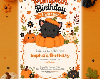 Pumpkin Birthday Invitation Template, Black Cat Fall Invite, Pumpkin Party Canva Template, Digital Download