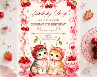 Purr-fect Kitten Birthday Invitation Template, Cherry Cat Party Invite, Editable Canva Invitation, Instant Download