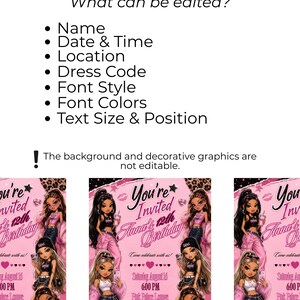 May include: A digital invitation template featuring a pink background with illustrations of three fashion dolls. The text reads: What can be edited? Name, Date & Time, Location, Dress Code, Font Style, Font Colors, Text Size & Position.