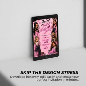 May include: A black tablet displaying a digital birthday invitation with a pink and black color scheme, featuring illustrations of four stylized characters, leopard print accents, and text reading You're Invited Anna's 12th Birthday, Saturday, August 16, 6:00 PM.