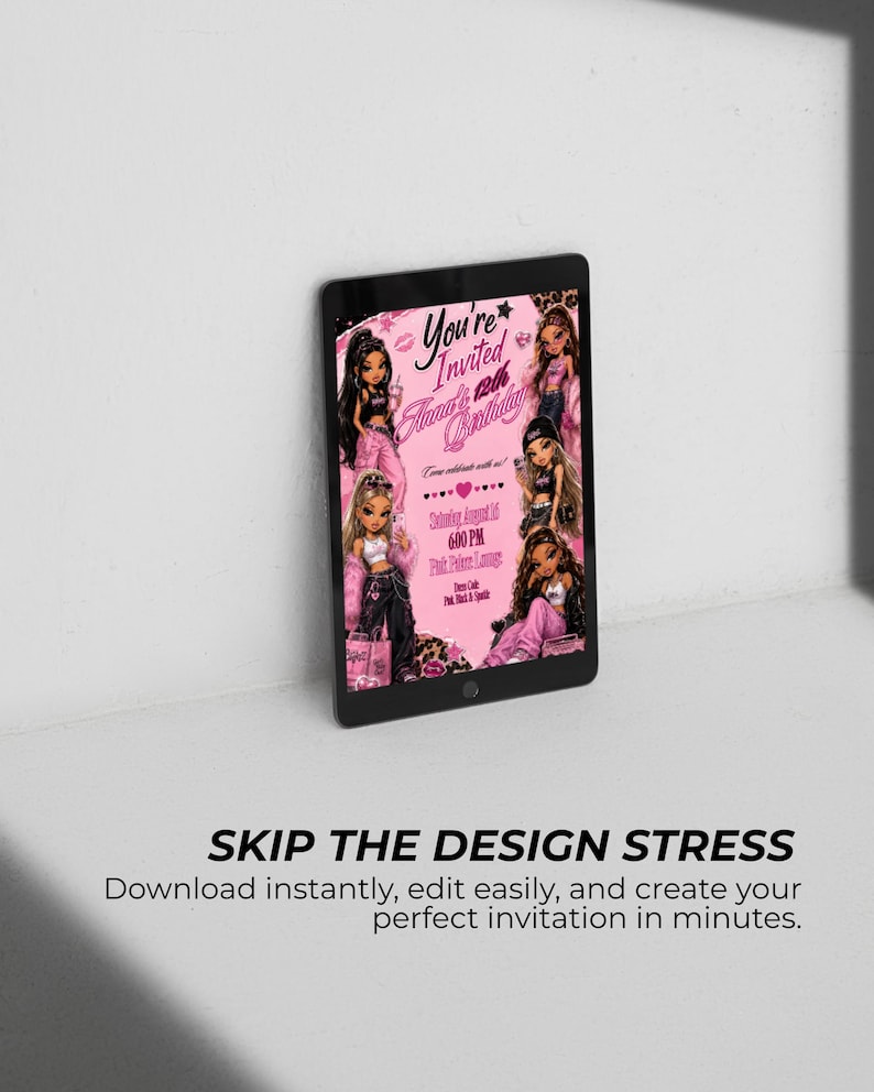 May include: A black tablet displaying a digital birthday invitation with a pink and black color scheme, featuring illustrations of four stylized characters, leopard print accents, and text reading You're Invited Anna's 12th Birthday, Saturday, August 16, 6:00 PM.