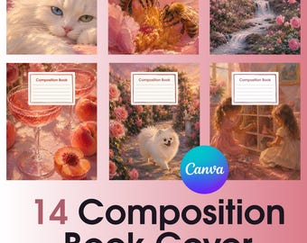 Pink Composition Book Cover Set, 14 Editable Canva Notebook Covers, School Journal Cover Template, 8.5x11 Digital Download