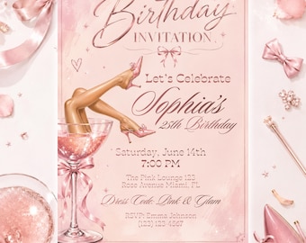 Pink Glam Birthday Invitation Template, Cocktail Party Invite, Editable Canva Girly Birthday Invitation, Digital Download