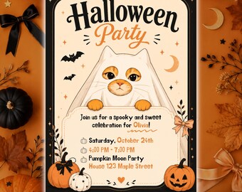 Halloween Party Invitation Template, Ghost Cat Invite, Spooky Canva Invitation, Digital Download