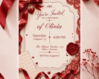 Red Coquette Birthday Invitation Template, Luxury Bow Party Invite, Editable Canva, Girls Birthday Digital Download