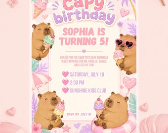 Capybara Birthday Invitation, Capy Birthday Invite, Editable Canva Template, Animal Party, Instant Download