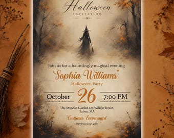 Moody Witch Halloween Invitation Template, Gothic Party Invite, Editable Canva Spooky Forest Invitation, Digital Download