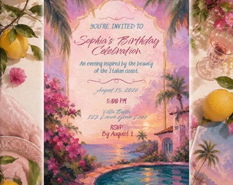 Pink & Blue Italian Summer Birthday Invitation, Amalfi Coast Party Invite, Editable Canva Template