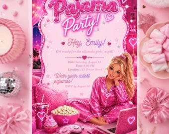 Pink Doll Pajama Party Invitation, Sleepover Invitation, Girls Sleepover Invite, Editable Canva Template
