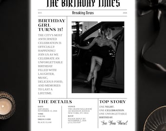 Newspaper Birthday Invitation Template, Editable Canva Invite, Black Party Invite, Instant Download