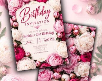 Pink Peony Birthday Invitation Template, Floral Birthday Party Invite, Elegant Canva Template, Digital Download