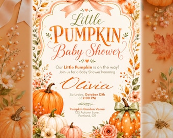 Little Pumpkin Baby Shower Invite, Editable Fall Baby Shower Canva Template, Autumn Baby Shower Invitation
