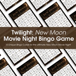 Pode incluir: Um conjunto de dez cartões de bingo para uma noite de cinema Twilight New Moon com um tema castanho escuro e preto e um gráfico de eclipse solar. Cada cartão contém uma grelha com textos relacionados com o filme, incluindo Bella, Jacob e Edward.
