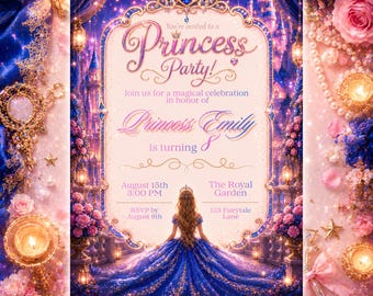 Princess Party Invitation, Royal Blue Birthday Invite, Editable Canva Template, Fairytale Party, Instant Download