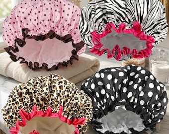 Reusable Shower Caps for Women, 4 Pack Waterproof Bath Caps, Elastic Hair Covers for Shower, Spa, Travel & Beauty Routine