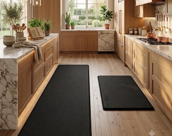 Waterproof Cushioned Kitchen Rug Set, 2 Anti-Fatigue Floor Mats, Non-Slip Black