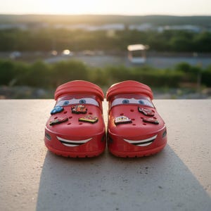 May include: A pair of bright red slip-on clogs featuring a graphic design inspired by the character Lightning McQueen from the movie Cars. The shoes have blue eyes on the top, a white mouth on the front, and several small decorative charms attached.