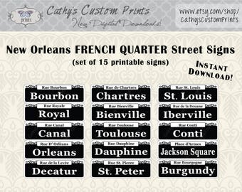 Set di 15 cartelli stampabili del quartiere francese di New Orleans, cartelli stradali Bourbon stampabili, arredamento Mardi Gras, arredamento matrimonio, NOLA