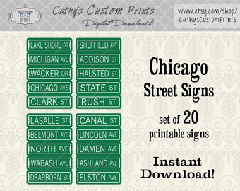 20 letreros imprimibles de Chicago, conjunto de 20, letreros imprimibles de Michigan Ave, decoración de la ciudad ventosa, decoración de bodas