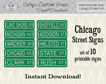 10 Chicago Printable Signs, Set of 10, Printable Michigan Ave Signs, Windy City Decor, Wedding Decor