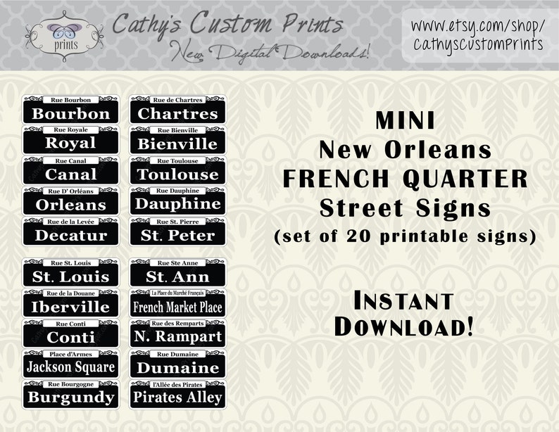 20 MINI New Orleans French Quarter Printable Signs, Set of 20, Printable Bourbon Street Signs, Mardi Gras Decor, Wedding Decor, NOLA image 1