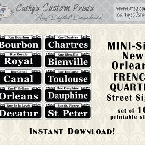 10 MINI Segni stampabili del quartiere francese di New Orleans, Set di 10, Segnali stradali Bourbon stampabili, Arredamento Mardi Gras, Arredamento matrimonio, NOLA immagine 1