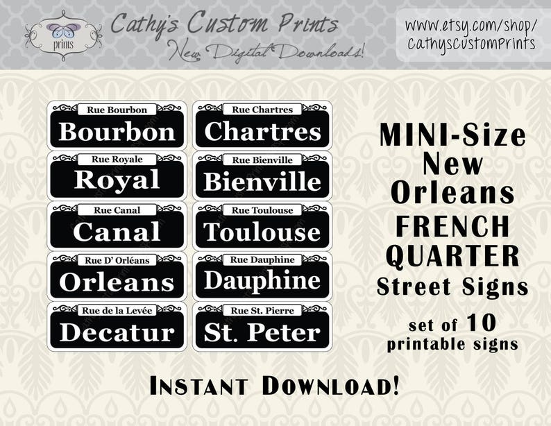 10 MINI Segni stampabili del quartiere francese di New Orleans, Set di 10, Segnali stradali Bourbon stampabili, Arredamento Mardi Gras, Arredamento matrimonio, NOLA immagine 1