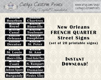 20 New Orleans French Quarter Printable Signs, Set of 20, Printable Bourbon Street Signs, Mardi Gras Decor, Wedding Decor, NOLA