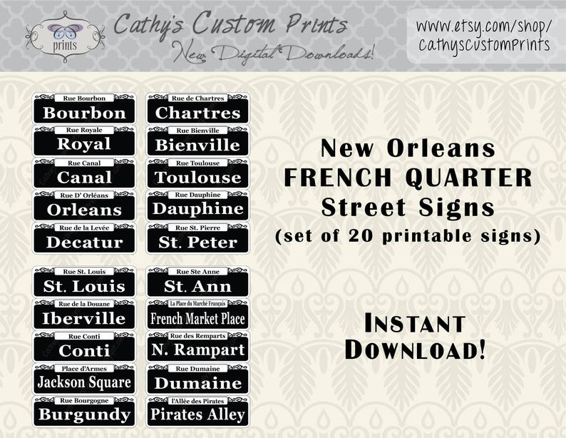 20 cartelli stampabili del quartiere francese di New Orleans, set di 20, cartelli stradali Bourbon stampabili, arredamento Mardi Gras, arredamento matrimonio, NOLA immagine 1