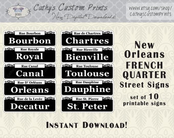 10 New Orleans French Quarter Printable Signs, Set of 10, Printable Bourbon Street Signs, Mardi Gras Decor, Wedding Decor, NOLA