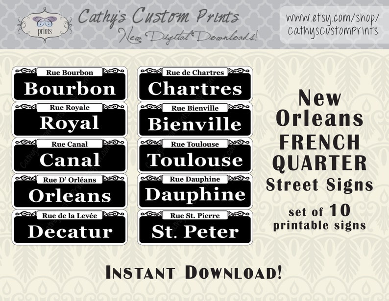 10 panneaux imprimables du quartier français de la Nouvelle-Orléans, ensemble de 10, panneaux imprimables Bourbon Street, décor de Mardi Gras, décor de mariage, NOLA image 1