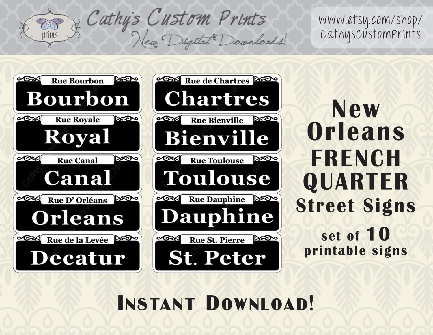 10 New Orleans French Quarter Printable Signs, Set of 10