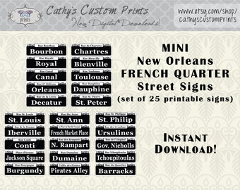 25 MINI Segni stampabili del quartiere francese di New Orleans, Set di 25, Segnali stradali Bourbon stampabili, Arredamento Mardi Gras, Arredamento matrimonio, NOLA