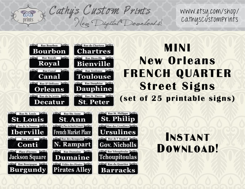 25 MINI New Orleans French Quarter druckbare Schilder, 25er Set, druckbare Bourbon Straßenschilder, Mardi Gras Dekor, Hochzeitsdekor, NOLA Bild 1