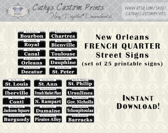 25 New Orleans French Quarter Printable Signs, Set of 25, Printable Bourbon Street Signs, Mardi Gras Decor, Wedding Decor, NOLA