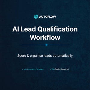 May include: A dark blue digital graphic featuring the text AUTOFLOW, AI Lead Qualification Workflow, and Score & organise leads automatically. Additional text includes + n8n Automation Template and + No Coding Required in white font.