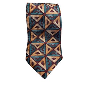 May include: A patterned necktie featuring a geometric design in teal, tan, and burgundy. The tie's pattern consists of squares filled with triangles and semi-circles. The tie is made of a textured fabric.