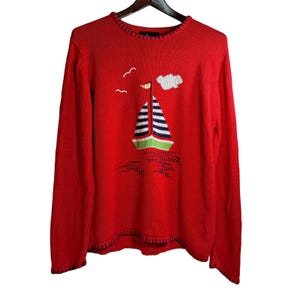 Vintage Sag Harbor Knit Sweater Women's Size L Red Nautical Sailboat Hong Kong