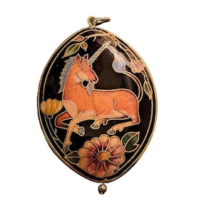 Vintage 80s Cloisonné Unicorn Pendant Double Sided Oval Shape Black Orange Gold