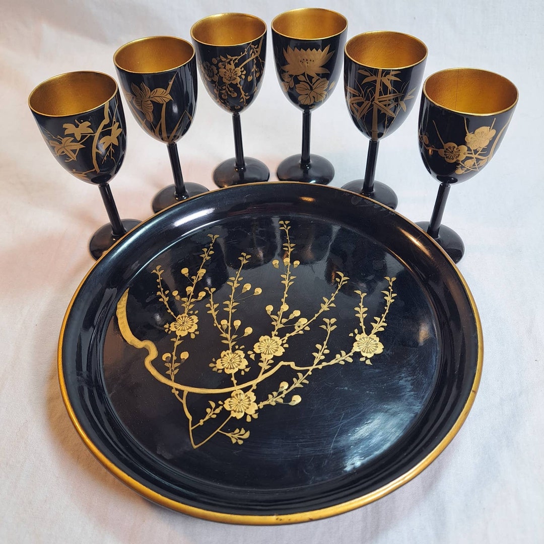 Vintage Japanese Lacquerware Sake Set Black Gold Hand Painted Etsy