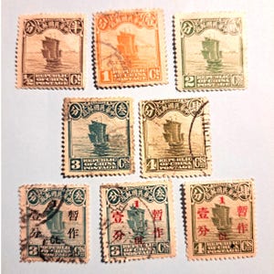 Vintage Antike Republik China Briefmarken Set mit 8 Junk-Segelboot-Aufpreis