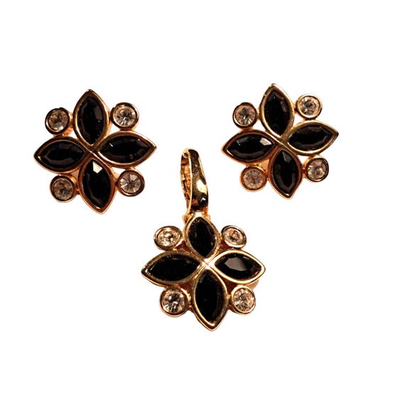 Vintage 1980s Swarovski Crystal Earring Pendant Enhancer Set Black Gold Clear
