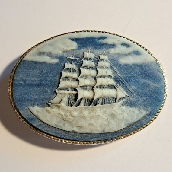 Vintage Handmade Incolay Stone Clipper Sailing Shi