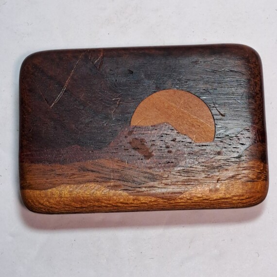 Vintage 1980s Jerry Evans Wood Inlaid Belt Buckle 