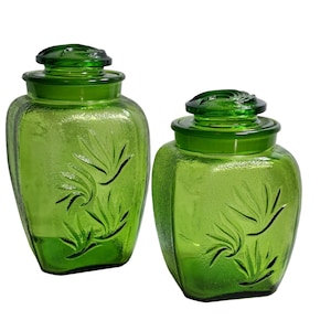 Vintage LE Smith Sand Scroll Green Glass Jar Canister with Lids Mid-Century MCM
