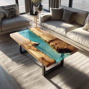 May include: A rectangular coffee table featuring a natural live-edge wood slab with a central translucent turquoise resin inlay that mimics a river. The table is supported by two black metal U-shaped legs, showcasing a contrast between wood and resin.