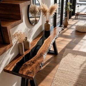 Mesa consola de resina epoxi con borde natural, mesa de río de resina personalizada, muebles de entrada hechos a mano, diseño moderno.