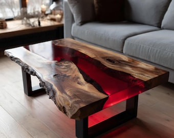 Maßgefertigter Walnuss-Epoxidharztisch, Couchtisch im Fluss-Stil, handgefertigte Harzmöbel, moderne rustikale Wohndekoration